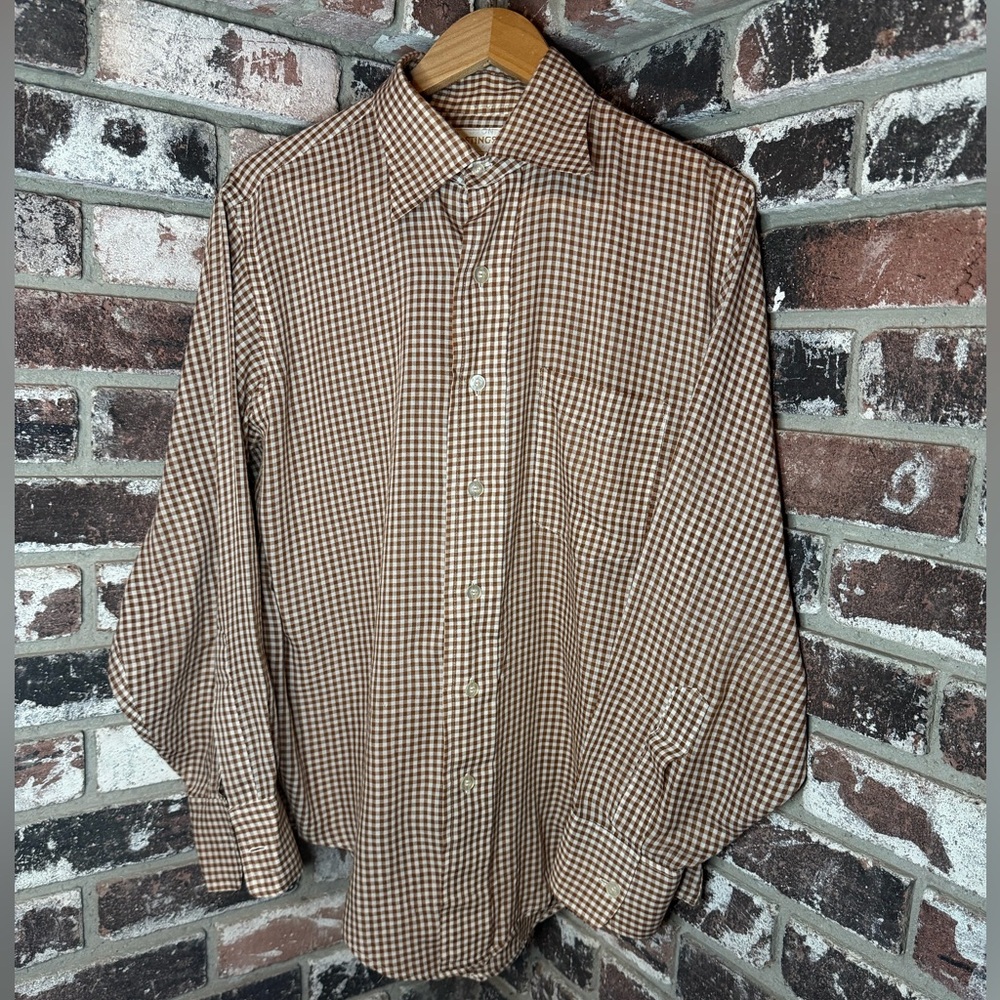 Vintage Men's Brown Checkered Thin See Through Casual Button Up Shirt